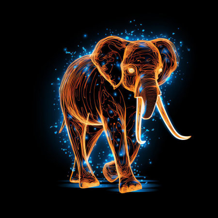 the elephant, majestically depicted in a striking orange hue, stands out against a dramatic black background, its shiny skin radiating an air of intensity, as a glowing blue line, reminiscent of a patronus from the wizarding world of harry potter, boldly outlines its angry features, evoking a sense of magic and wonder. ai generatedの素材
