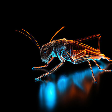 the cricket, illuminated by a vibrant orange glowing blue line, appears menacing against a dark black background, evoking the magical essence of a patronus from the wizarding world of harry potter, its shiny exoskeleton radiating an air of intensity and mystique. ai generatedの素材