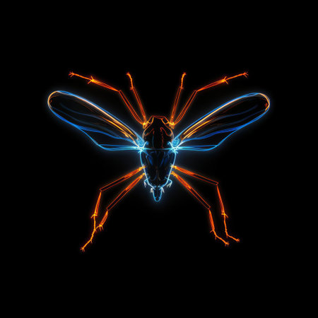 the cricket, illuminated by a vibrant orange glowing blue line, appears menacing against a dark black background, evoking a sense of magical protection reminiscent of harry potter's patronus, with its shiny, angry demeanor, as if ready to defend against dark forces, exuding an aura of mystical power. ai generatedの素材