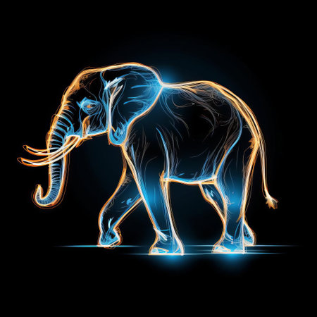the elephant, majestic and furious, stands out against a black background, its shiny skin illuminated by a vibrant orange glowing blue line, reminiscent of a patronus charm from the wizarding world of harry potter, evoking a sense of magic and wonder, with a bold and striking visual effect. ai generatedの素材