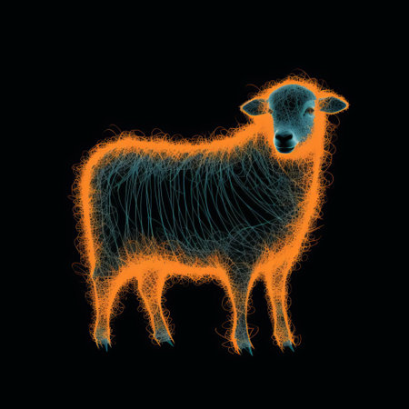 the sheep, illuminated by a vibrant orange glowing blue line, appears angry and shiny, set against a dramatic black background, reminiscent of the magical patronus charm from the harry potter series, evoking a sense of mystique and fantasy, with the bold orange hue adding a pop of warmth to the dark, mystical atmosphere. ai generatedの素材