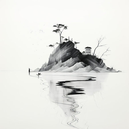 this island painting, rendered in a melancholic black and white palette, features a minimalist one-line drawing style, evoking a sense of serene solitude and simplicity, perfect for those who appreciate monochromatic art and minimalist designs inspired by tropical getaways. ai generatedの素材