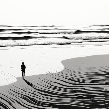 the beach painting, rendered in a melancholic black and white palette, features a minimalist one-line drawing style, evoking a sense of serenity and simplicity, perfect for those who appreciate monochromatic coastal art, minimalist illustrations, and soothing seaside scenery. ai generatedの素材