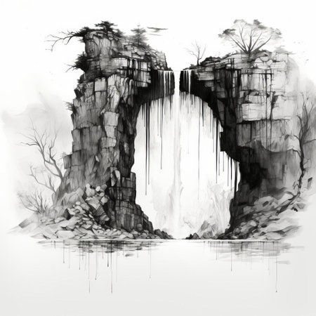 the waterfall painting "triste" is a stunning black and white artwork featuring a delicate one-line drawing of a cascading waterfall, evoking a sense of serenity and calmness, perfect for nature lovers and fans of minimalist art, monochrome designs, and simple yet powerful illustrations. ai generatedの素材