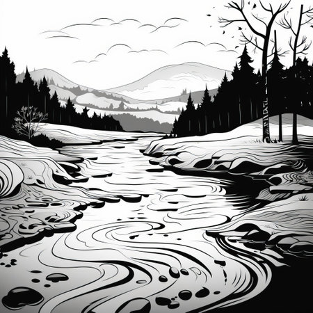 the river, a stunning black and white painting, features a solitary, expressive line drawing that evokes a sense of melancholy and contemplation, capturing the serene beauty of a tranquil waterway, perfect for art enthusiasts and nature lovers alike, showcasing the simplicity and elegance of minimalist art. ai generatedの素材