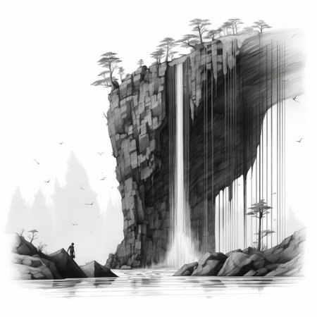the waterfall painting, a stunning piece of monochromatic art, showcases a serene and tranquil scene in black and white hues, masterfully crafted with a single, expressive line drawing, evoking feelings of melancholy and contemplation, perfect for those who appreciate minimalist and abstract art forms. ai generatedの素材