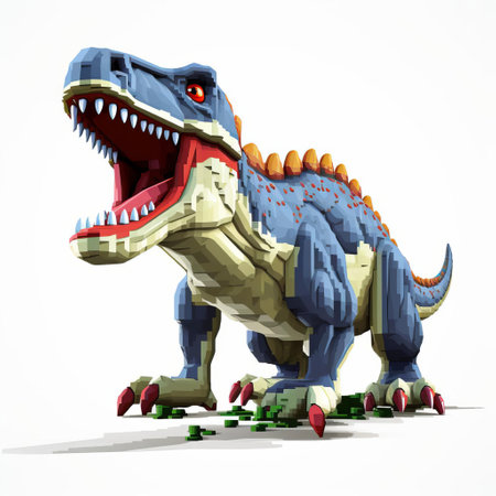 heterodontosaurus, a fascinating herbivorous dinosaur, is depicted in a vibrant 3d 8-bit pixel cartoon style, set against a crisp white background, showcasing its unique characteristics, such as its distinctive teeth and spiked tail, perfect for dinosaur enthusiasts and fans of retro gaming art. ai generatedの素材