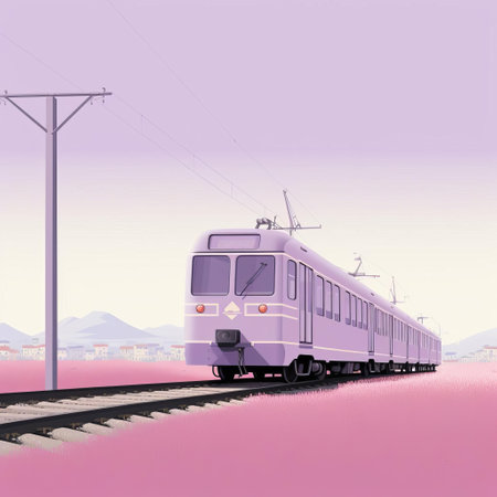 the train, set against a soft lavender background, exudes elegance reminiscent of annibale carracci's renaissance style, featuring clean and simple designs inspired by cinquecento's classical era, with a modern twist a la alessandro gottardo, colorized in soothing light white and warm orange hues, perfect for vintage ad posters. ai generatedの素材