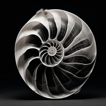 this spiraling shell illustration, rendered in striking black and white, features a mesmerizing black ink design resembling striated resin veins, evoking the aesthetic of kodak aero ektar 178mm f/2.5 photography, with its striped arrangements and nods to paleocore and weirdcore styles, often found in found-object-centric art. ai generatedの素材