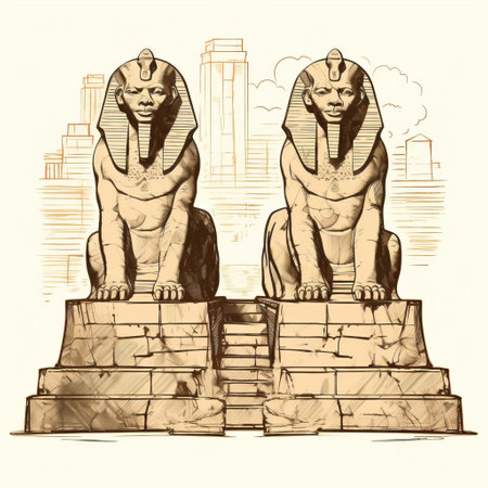 this vintage stamp features a beautiful, intricately designed pair of sphinxes, meticulously crafted using traditional line engraving techniques and adorned with rich, dark ink, set against a pristine white background, evoking a sense of ancient mystique and timeless elegance in antique print form. ai generatedの素材