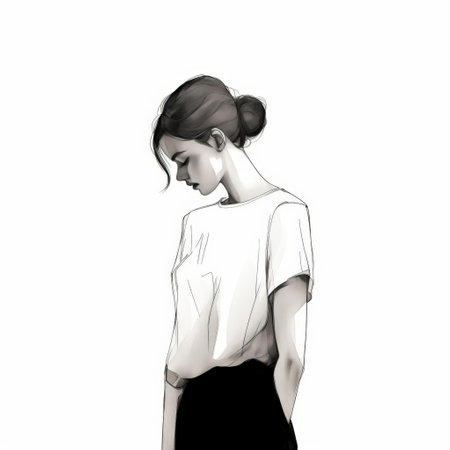woman stands confidently in profile, her sleek silhouette defined by clean black lines, gazing directly into the camera with an air of quiet strength, set against a crisp white background that accentuates her minimalist yet powerful presence, evoking a sense of modern femininity and sophistication. ai generatedの素材