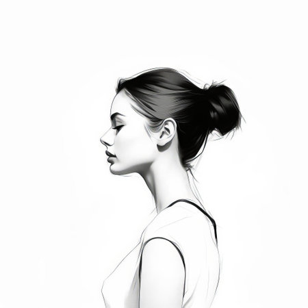 woman stands confidently in profile, her slender figure outlined in clean black lines, gazing directly into the camera with an air of serenity, set against a pristine white background, evoking a sense of simplicity, elegance, and modern femininity in this minimalist hand-drawn portrait. ai generatedの素材