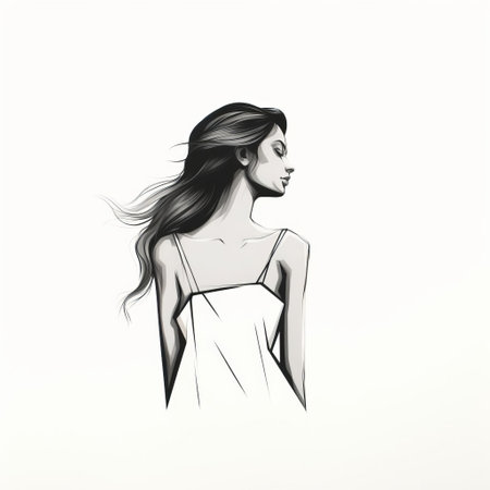woman stands confidently in profile, her sleek silhouette defined by clean black lines, gazing directly into the camera with an air of quiet strength, set against a pristine white background that accentuates her minimalist yet powerful presence, evoking a sense of modern femininity and sophistication. ai generatedの素材