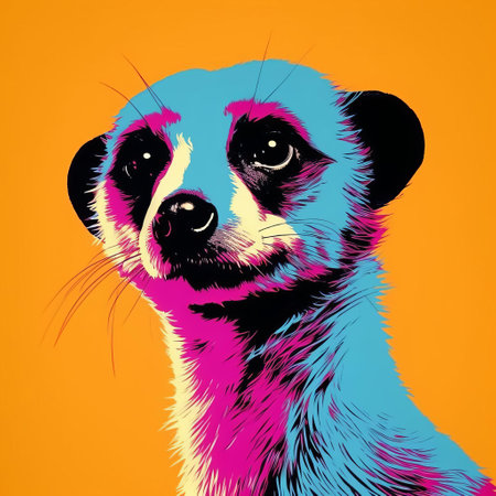 this vibrant meerkat, reminiscent of andy warhol's iconic silkscreen prints, pops with colorful hues and bold lines, blending the whimsy of wildlife with the sophistication of pop art, creating a unique and captivating visual experience that's sure to delight art enthusiasts and animal lovers alike. ai generatedの素材