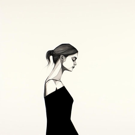 woman stands confidently in profile, her sleek silhouette defined by clean black lines, her gaze fixed directly into the camera, exuding a sense of modern simplicity against a crisp, pure white background, perfect for minimalist art, illustration, and design enthusiasts. ai generatedの素材
