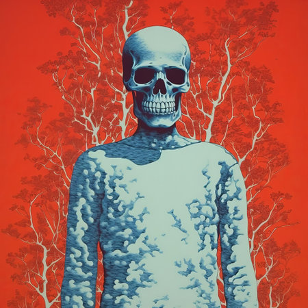 this zombie, depicted in a minimal screenprint illustration, stands out in a bold risograph print, showcasing its full body in a striking, modern aesthetic, perfect for fans of undead art, horror enthusiasts, and collectors of unique graphic designs. ai generatedの素材