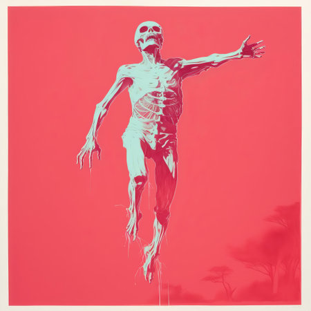 this zombie illustration, rendered in a striking minimalist style, showcases a full-body depiction of the undead creature in a bold risograph print, perfect for fans of horror and alternative art, adding a touch of dark whimsy to any room's decor. ai generatedの素材