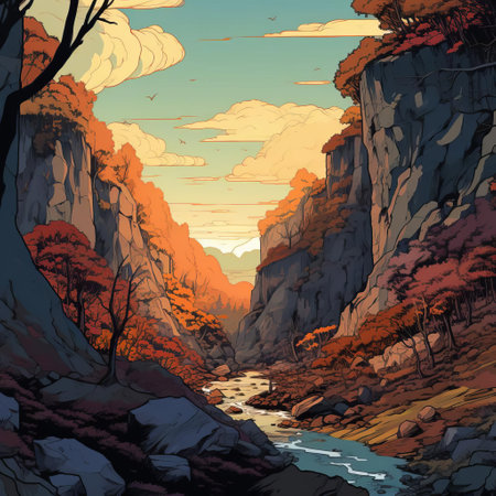 the ravine, a breathtaking natural wonder, is showcased in this stunning flat colour photograph, offering a simple yet captivating closeup view of the rugged terrain, with vibrant full colours that bring the scene to life, evoking a sense of adventure and exploration. ai generatedの素材