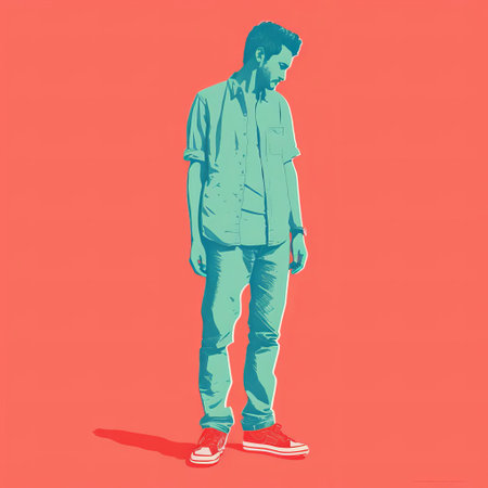 the man stands confidently in this stunning minimal screenprint illustration, rendered in a bold risograph print style that accentuates his striking features, capturing the essence of masculinity in a full-body portrait that exudes simplicity and elegance. ai generatedの素材