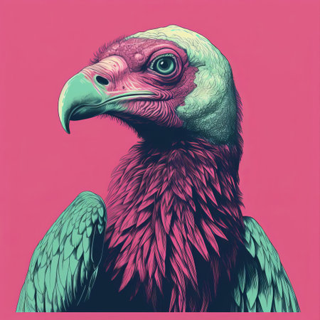 the vulture, majestically depicted in a minimal screenprint illustration, spreads its wings in a striking risograph print, showcasing its full body in a mesmerizing blend of bold lines and vibrant colors, perfect for art enthusiasts and nature lovers alike. ai generatedの素材