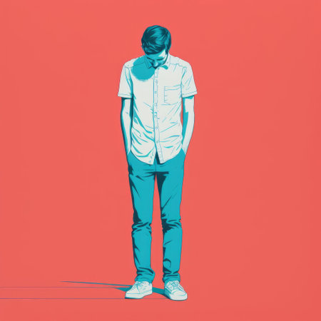 the minimalist screenprint illustration of a male figure, rendered in a striking risograph print, showcases a full-body portrait with bold lines and vibrant colors, capturing the essence of modern art and graphic design, perfect for art enthusiasts and collectors of contemporary prints. ai generatedの素材