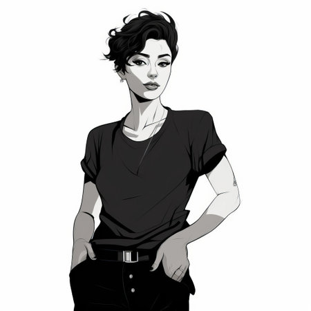 alexis, a stylish woman, is depicted in a simple line art vector image, showcasing her full body with short hair, exuding confidence and sophistication, perfect for modern designs, illustrations, and digital art projects requiring a minimalist yet elegant female character. ai generatedの素材