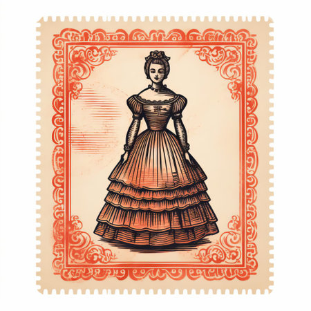 this isolated old print stamp dress on a pristine white background showcases a beautiful color illustration with intricate line engraving details, evoking a sense of nostalgia and vintage charm, perfect for design and art enthusiasts seeking unique retro-inspired elements. ai generatedの素材