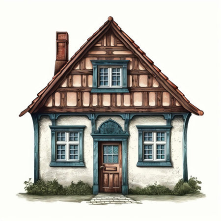 the stamp features an isolated old print of a house on a white background, showcasing a beautiful color palette and intricate line engraving details, evoking a sense of nostalgia and vintage charm, perfect for collectors and enthusiasts of antique postal designs. ai generatedの素材