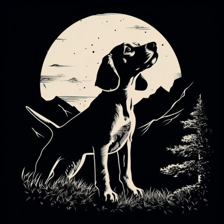 the beagle, depicted as a werewolf silhouette in a stunning stencil art piece, boasts an easy-to-carve design with low details, perfect for wood block printing and linocut enthusiasts. this cartoon-style vector art features clean shapes and negative space, set against a dramatic black background, ideal for art lovers and horror fans alike. ai generatedの素材