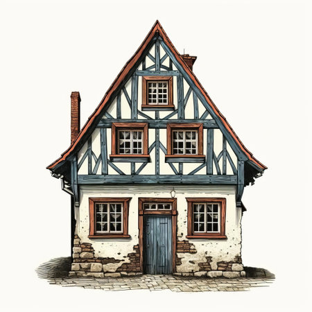 this isolated old print stamp features a charming house on a white background, showcasing a beautiful color palette and intricate line engraving details, evoking a sense of nostalgia and vintage charm, perfect for collectors and enthusiasts of antique postal stamps. ai generatedの素材