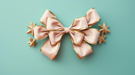 "elegant tree topper bows adorn delicate fir branches against a serene turquoise background, exuding a soft, muted color palette with subtle hints of light pink and light gold, perfect for minimalist backgrounds and beautifully presented on a shaped canvas, adding a touch of sophistication to any holiday decor.", ai generatedの素材