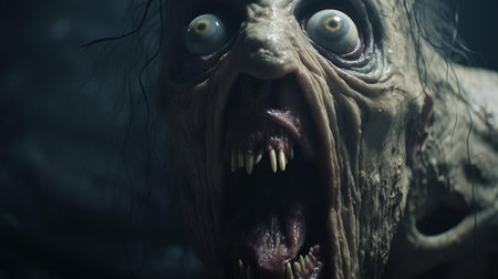 the creature stands eerily still, its singular eye fixed on some unseen terror, mouth agape in a silent scream, as the desaturated, natural color grading and gritty tones evoke a sense of foreboding mystery, reminiscent of christopher nolan's cinematic style, shot from a wide perspective with studio lighting that amplifies the horror. ai generatedの素材