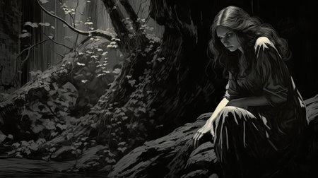 bernie wrightson's haunting social drama artwork plunges viewers into a dark and mysterious realm, where eerie shadows dance across the canvas, evoking feelings of foreboding and unease, as the master of macabre storytelling weaves a complex narrative of human struggle and psychological tension. ai generatedの素材