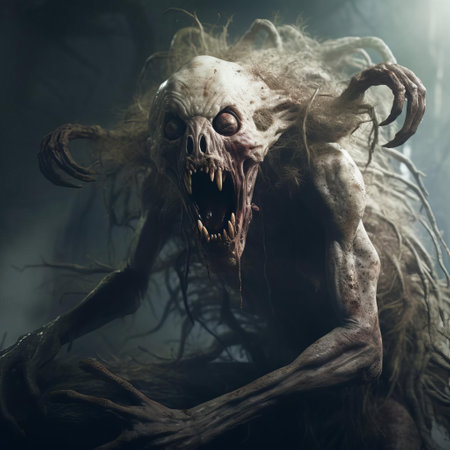 the demon, a terrifying supernatural entity, emerges from the darkest corners of nightmares, its twisted, corpse-like body adorned with glowing red eyes and razor-sharp claws, exuding an aura of malevolent terror, as if born from the darkest fears of the human psyche, haunting the dreams of the innocent. ai generatedの素材