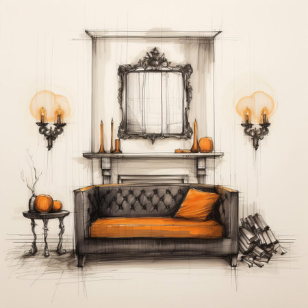 this leather sofa interior design sketch showcases a stylish front view arrangement featuring a plush sofa in front of a whitewall, adorned with a decorative mantle and a mirror above a fireplace, perfectly decorated for a spooky halloween ambiance, exuding warmth and coziness in a modern living room setting. ai generatedの素材