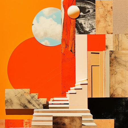 vibrant orange collage background textures, carefully crafted with a precise cadre cutout, adhere to the rules of thirds and golden ratio, elevating realism in cutout collages, while enhancing details with high-resolution 32k textures, perfect for abstraction and artistic expressions. ai generatedの素材