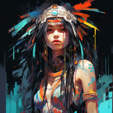 the tribal art piece bursts with emotional intensity, blending digital and glitchy elements with a nightcore aesthetic, set against a mesmerizing backlight. this primitivist-inspired artwork embodies a toycore spirit, exuding an expressionist vibe that's both captivating and thought-provoking, perfect for those who crave avant-garde art. ai generatedの素材