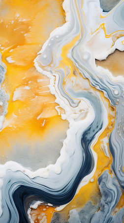 the ocean's undulating ridges, reminiscent of biomorphic abstraction, stretch across the frame in a mesmerizing display of yellow and white hues, evoking the marbleized effects of scarlett hooft graafland's style, as if viewed from an aerial perspective, echoing the dreamlike quality of jack butler yeats' works, with detailed imagery that evokes an earthy palette. ai generatedの素材