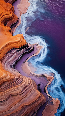 the ocean's undulating ridges, reminiscent of rust and purple hues, evoke a sense of biomorphic abstraction, as if marbleized and viewed from an aerial perspective, evoking the styles of scarlett hooft graafland and jack butler yeats, with detailed imagery and an earthy palette that transports viewers to a futuristic seascape. ai generatedの素材