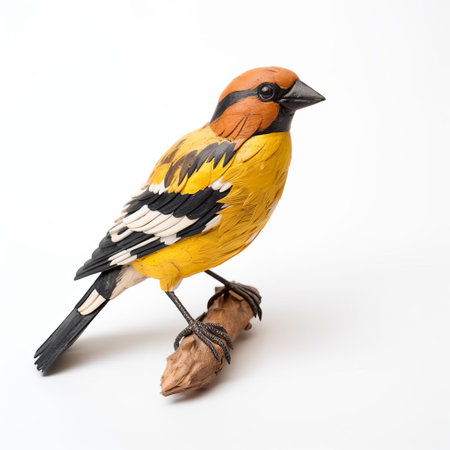 the grosbeak, a vibrant songbird with distinctive plumage, is beautifully captured in this stunning handmade wood carving, showcasing its full body on a crisp white background, highlighting the intricate details of its feathers and beak, perfect for nature enthusiasts and bird lovers. ai generatedの素材
