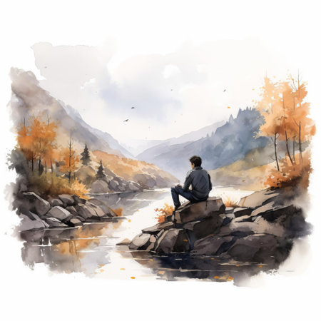 glen, a serene and majestic landscape, is beautifully captured in this simple yet evocative flat watercolor drawing by renowned artist thomas schaller, showcasing his mastery of subtle color palettes and delicate brushstrokes to evoke a sense of tranquility and wonder. ai generatedの素材