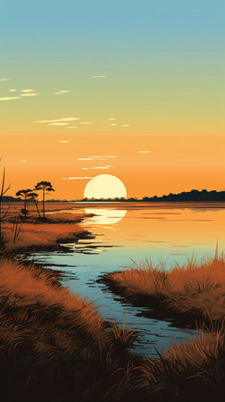 the crescent lake view, illustrated in a vibrant crayon style, showcases a serene marsh plains landscape with flat land stretching as far as the eye can see, evoking a sense of tranquility and natural beauty, perfect for nature lovers and fans of whimsical art. ai generatedの素材