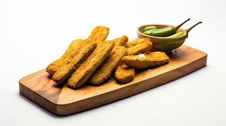 crispy fried okra pods sit elegantly on a rustic wooden board, set against a pristine white background, evoking a nostalgic cinematic feel reminiscent of 35 mm film photography, with a subtle 5-degree angle of view that adds depth to this still life composition. ai generatedの素材