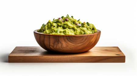 fresh guacamole, artfully arranged on a rustic wooden board, takes center stage against a pristine white background, evoking a nostalgic cinematic feel reminiscent of 35mm film photography, with a subtle 5-degree angle of view that adds depth to this mouthwatering still life composition. ai generatedの素材