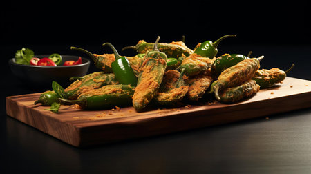 fried jalapenos, crispy and golden, are artfully arranged on a rustic wooden board against a pristine white background, evoking a nostalgic cinematic feel reminiscent of 35 mm film camera photography, with a subtle 5-degree angle of view that adds depth and visual interest. ai generatedの素材