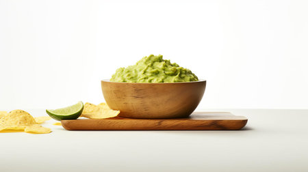 guacamole, a vibrant and creamy dip, sits elegantly on a rustic wooden board against a pristine white background, evoking a nostalgic cinematic feel reminiscent of 35 mm film camera shots, with a subtle 5-degree angle of view that adds a touch of sophistication to this mouthwatering still life. ai generatedの素材