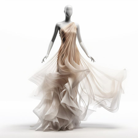the fashion dress, a stunning 3d female model, stands out against a crisp white isolated background, showcasing intricate details and textures, perfect for e-commerce, advertising, and fashion design projects, highlighting the latest trends in women's clothing and apparel. ai generatedの素材
