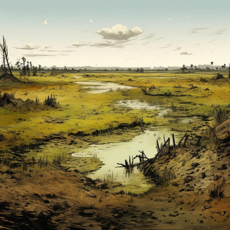 the hinterland landscape stretches across the horizon, showcasing a serene marsh plains scenery with flat lands as far as the eye can see, beautifully illustrated in a vibrant crayon style reminiscent of whimsical fantasy worlds, evoking a sense of adventure and mystery. ai generatedの素材