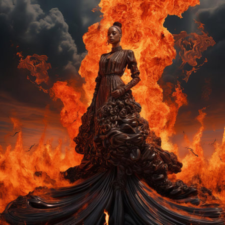 the contemporary female figure stands defiantly in the midst of a blazing inferno, evoking the avant-garde style of travis scott, with meticulous attention to detail and a thick, textured aesthetic that pays homage to the dreamlike world of surrealism-inspired art, exuding a sense of fiery intensity and unbridled passion. ai generatedの素材