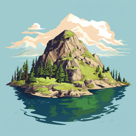 the islet, nestled in the heart of the rocky mountains, stands serene amidst the majestic landscape, its flat, vibrant colours popping against the rugged backdrop, inviting the viewer to step into its tranquil atmosphere, a perfect close-up capture of nature's simplicity and beauty. ai generatedの素材